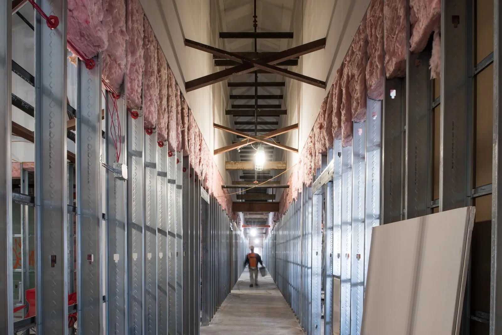 Long corridor inside a historic building during renovation