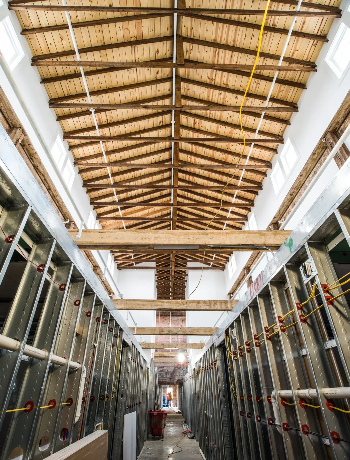 Timber roof trusses inside a historic building during renovation