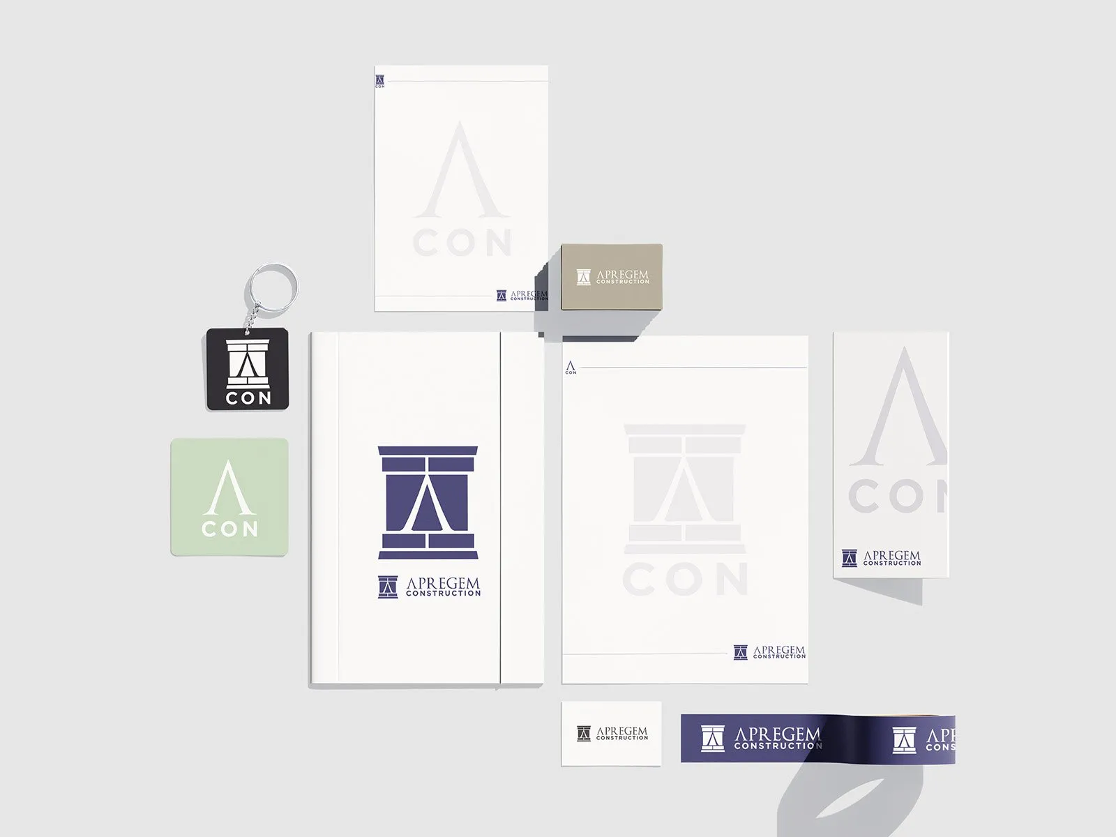 Apregem brand identity applied to uniforms, signage and stationery mockups