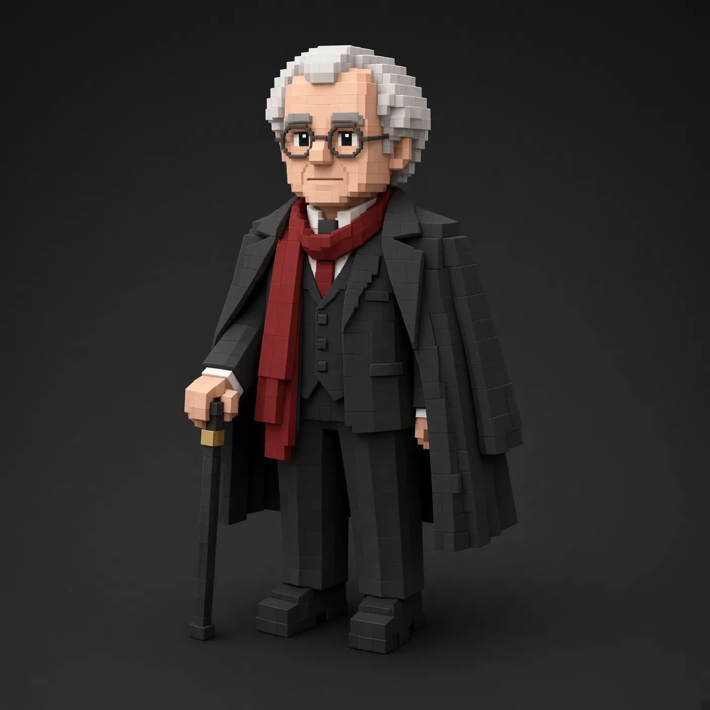 MODUS Road character Frank, a voxel figure with a cape and cane inspired by Frank Lloyd Wright