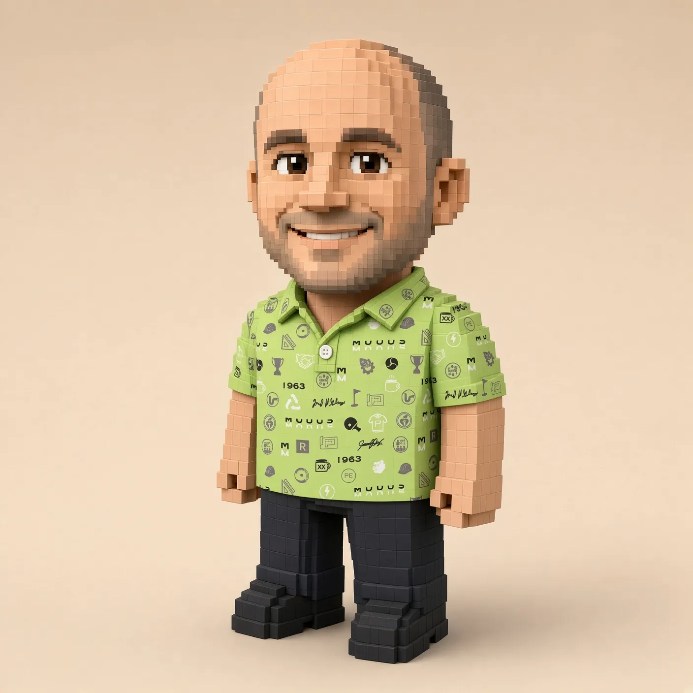 MODUS Road character portrait: a voxel figure based on Jared, wearing the lime culture polo