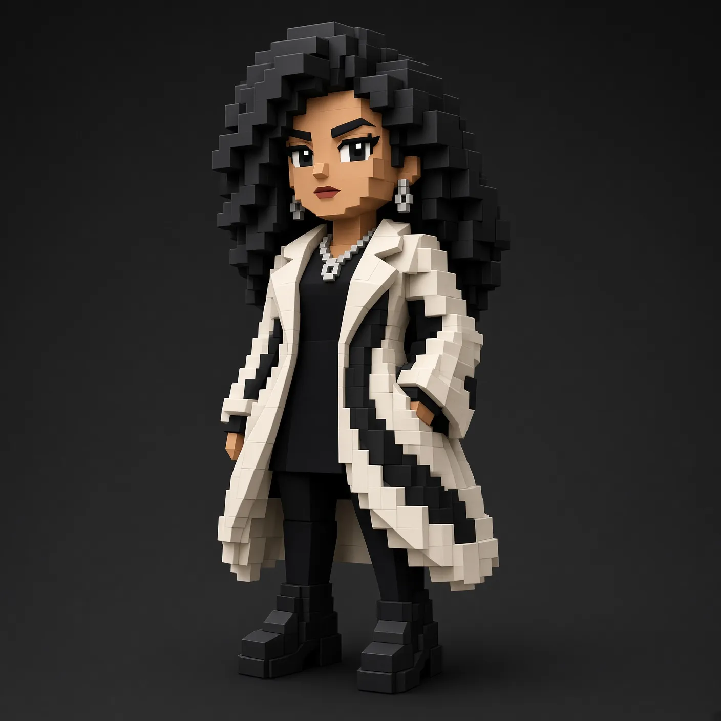 MODUS Road character Zaha, a voxel figure in a sculptural coat inspired by Zaha Hadid