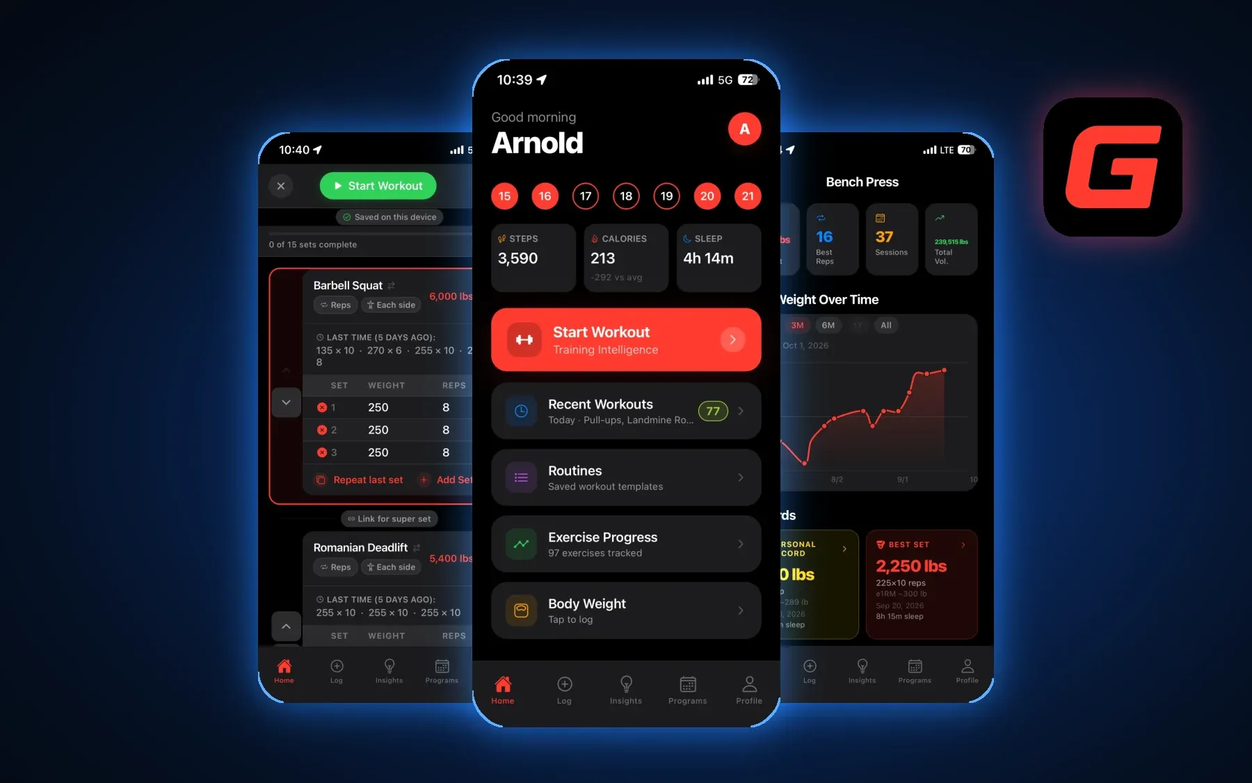 Gymnal iPhone app screens: the home hub, a live workout log and Bench Press progress charts, with the red G app icon
