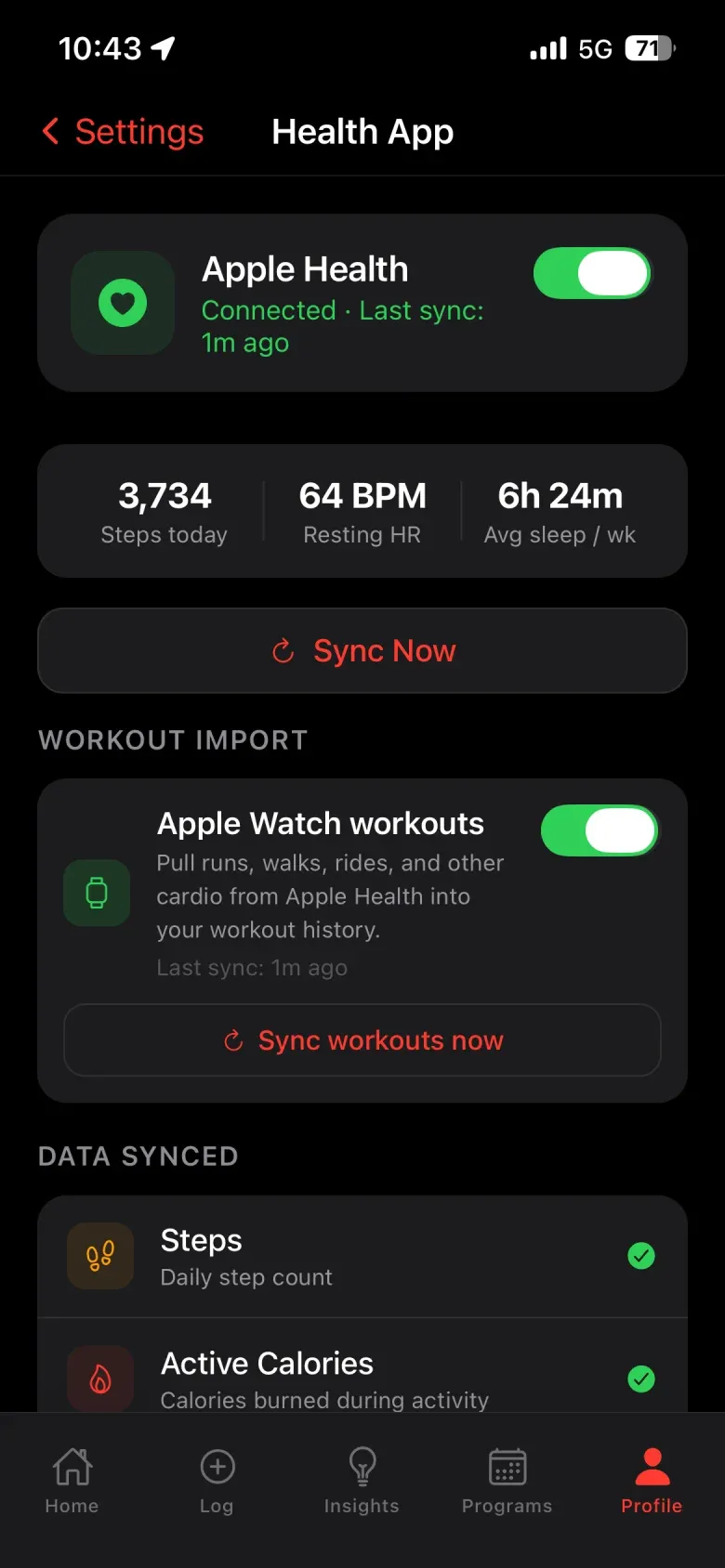 Gymnal Health App settings with Apple Health connected and Apple Watch workout import turned on
