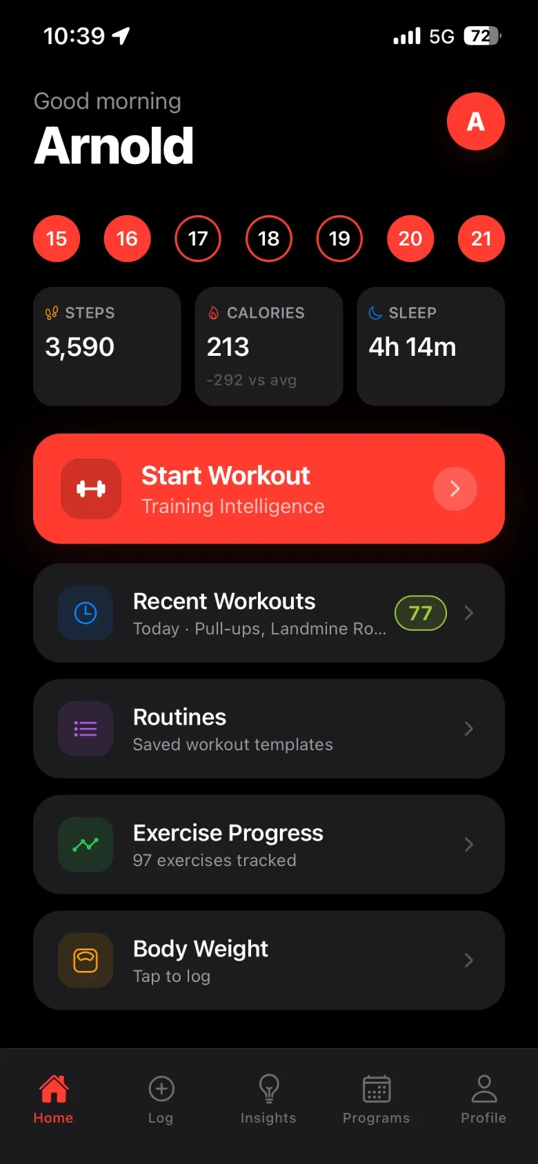 Gymnal home screen with daily steps, calories and sleep, a Start Workout button and shortcuts to routines and progress