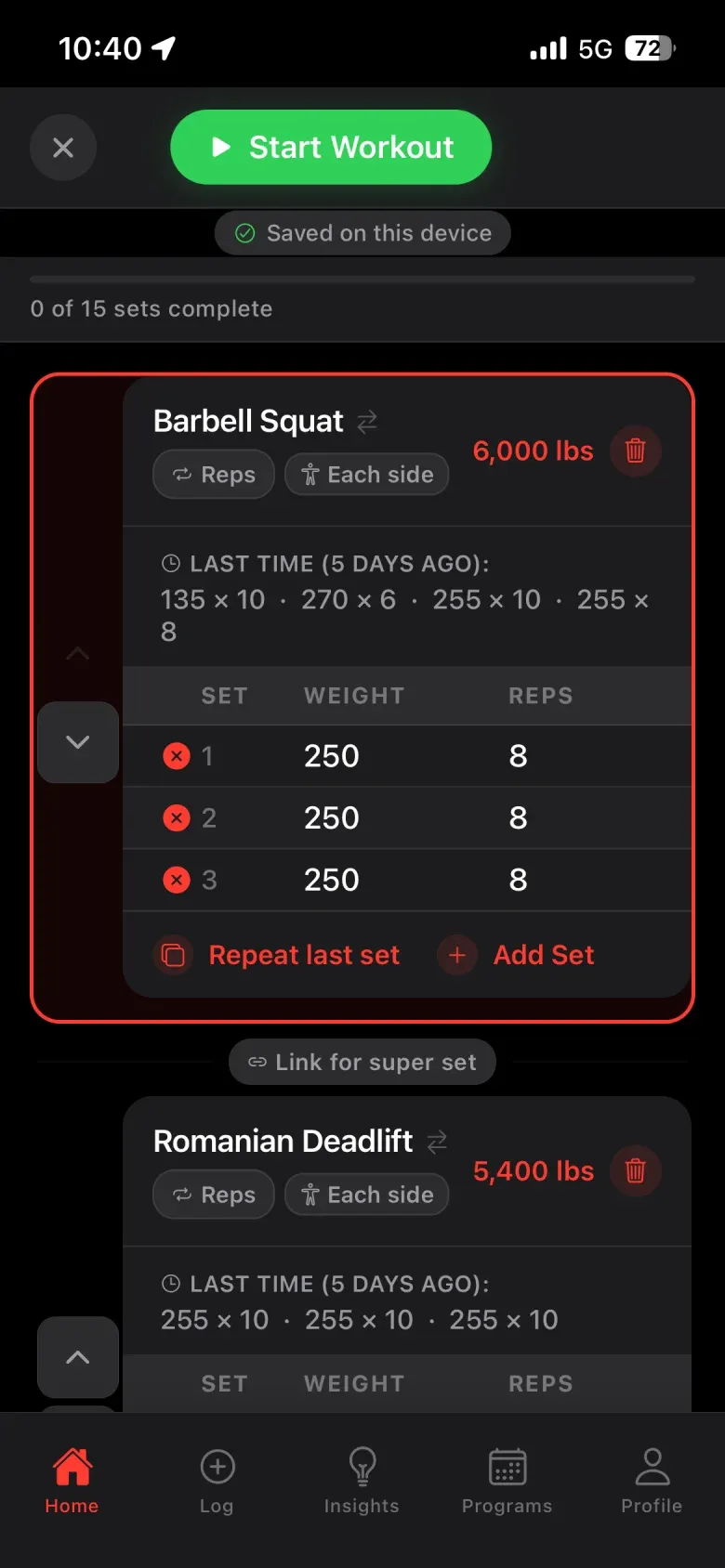 Gymnal live workout screen logging Barbell Squat sets with last-time weights and reps