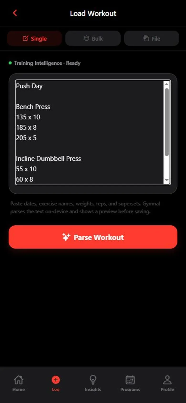 Gymnal Load Workout screen with pasted workout text ready to parse into a log