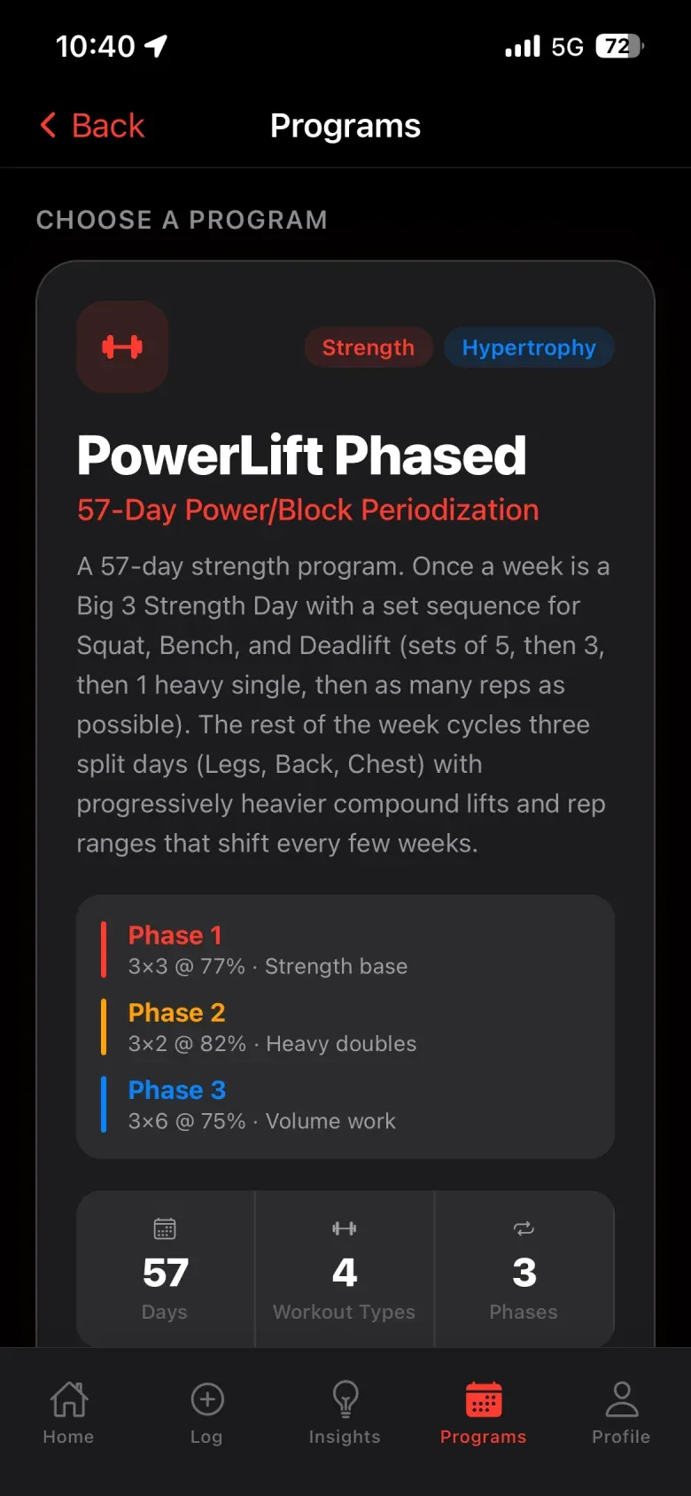 Gymnal Programs screen showing the 57-day PowerLift Phased program with three phases