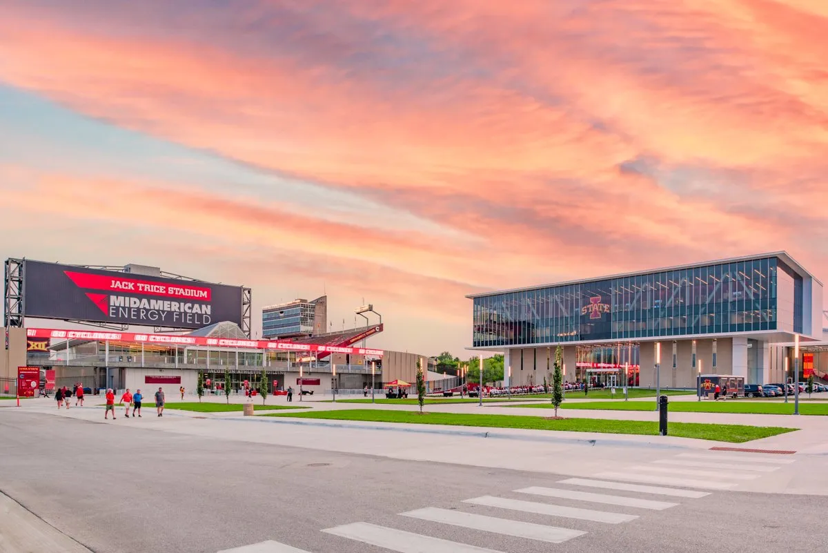 Stark Performance Center exterior at sunset, Ames, Iowa