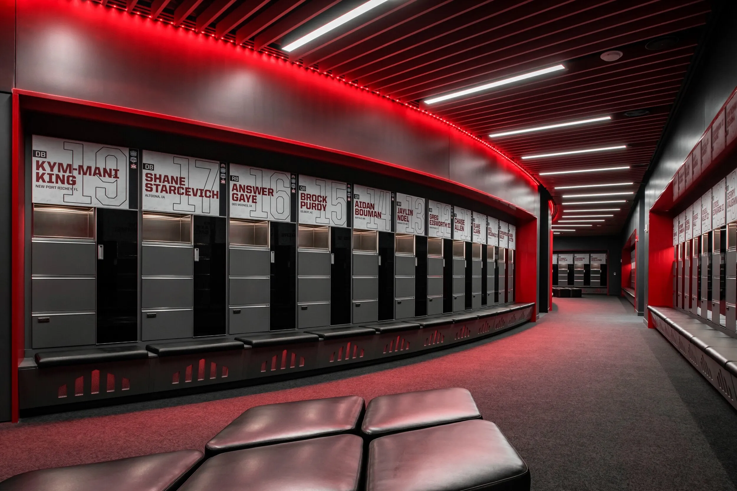 Stark Performance Center locker room lit in red