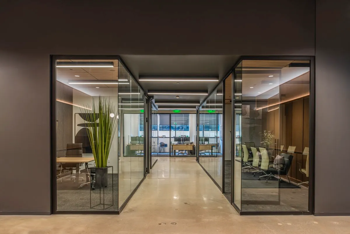 Jester Insurance office with glass-walled conference room, Des Moines