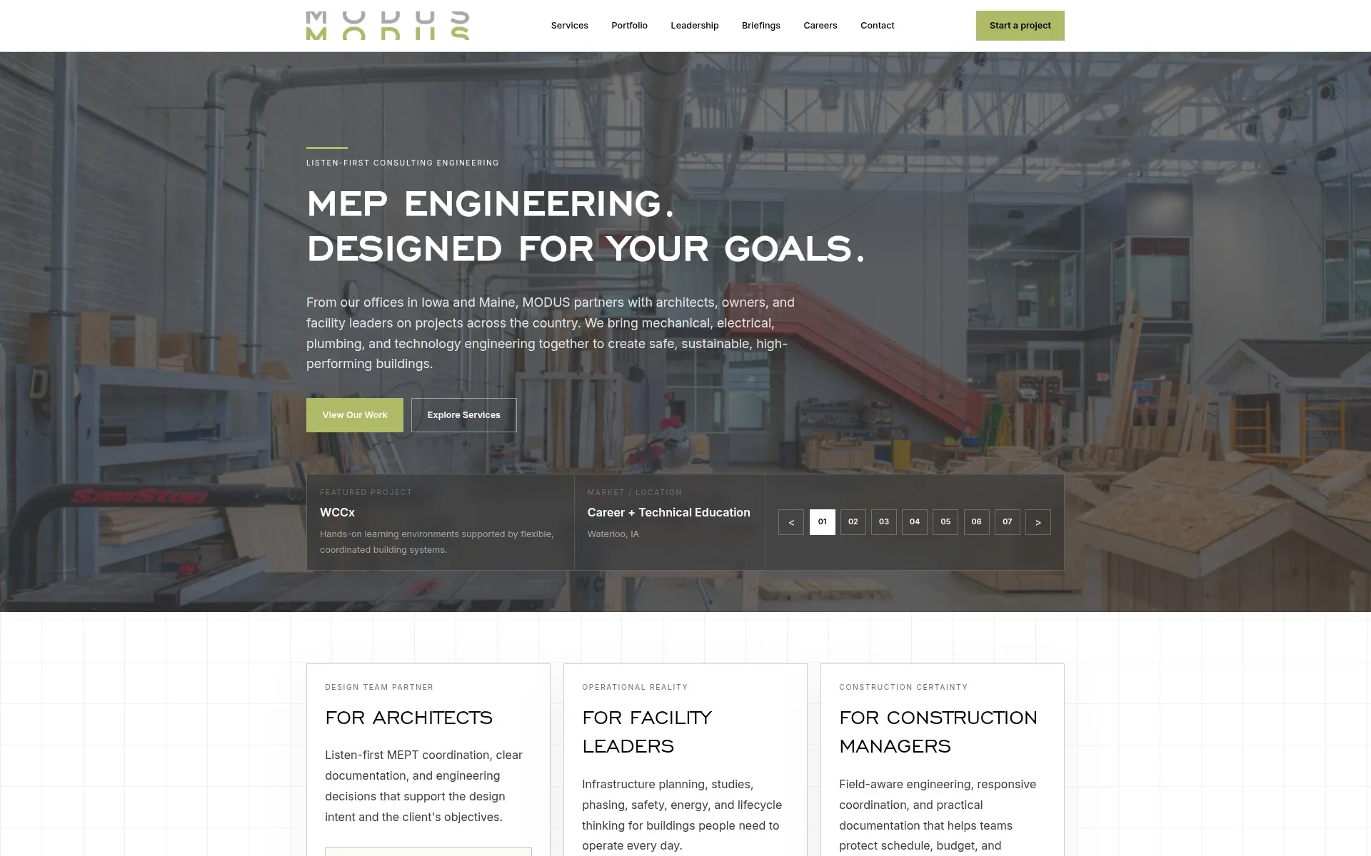 MODUS website homepage: MEP engineering hero with audience-ready navigation and Start a project call to action