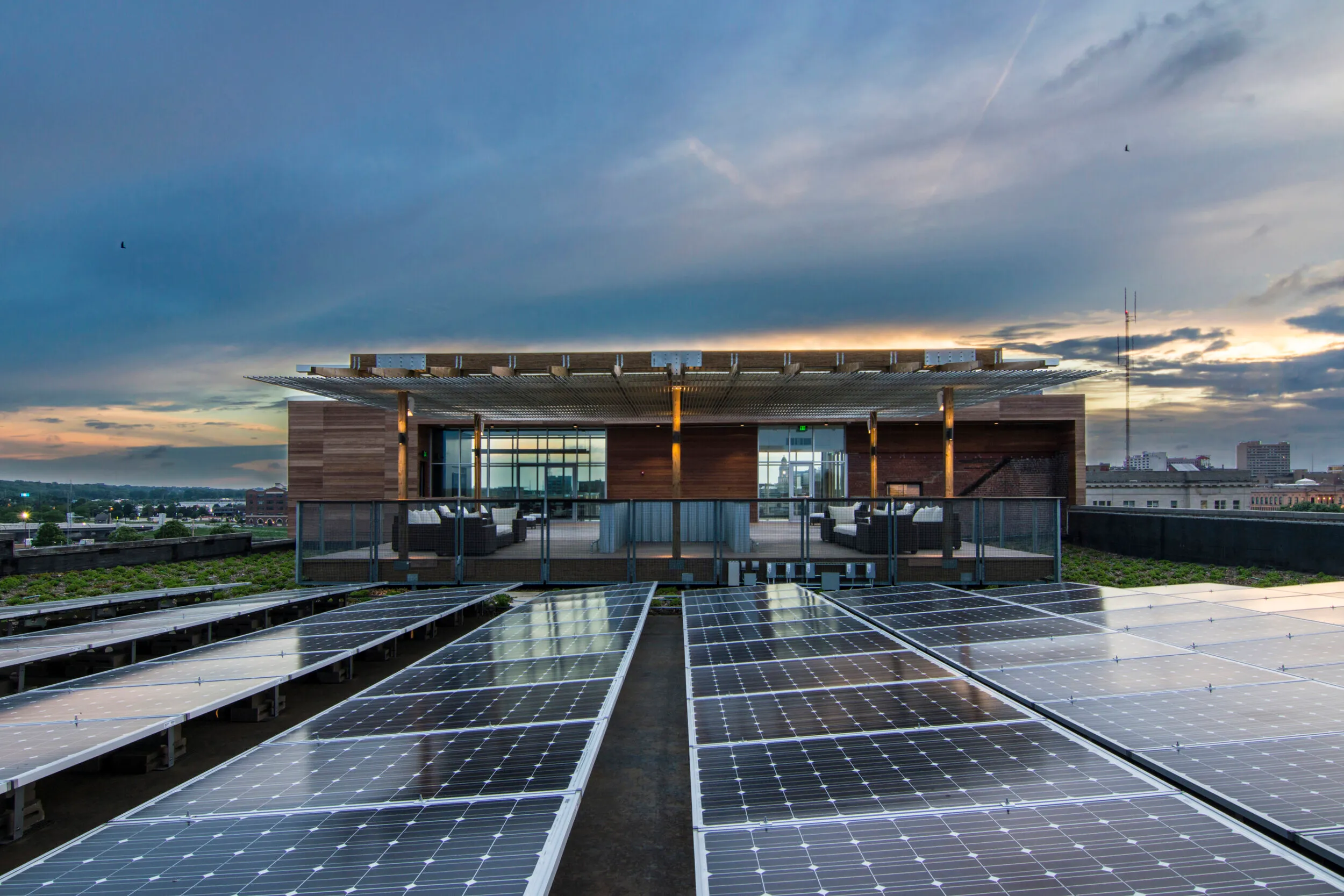 Market One rooftop patio at blue hour, Des Moines