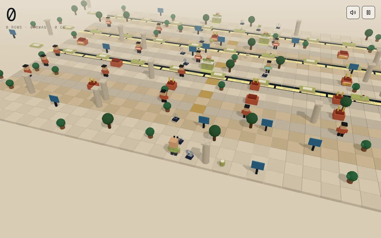 MODUS Road gameplay: the player character hopping across a voxel expo hall floor
