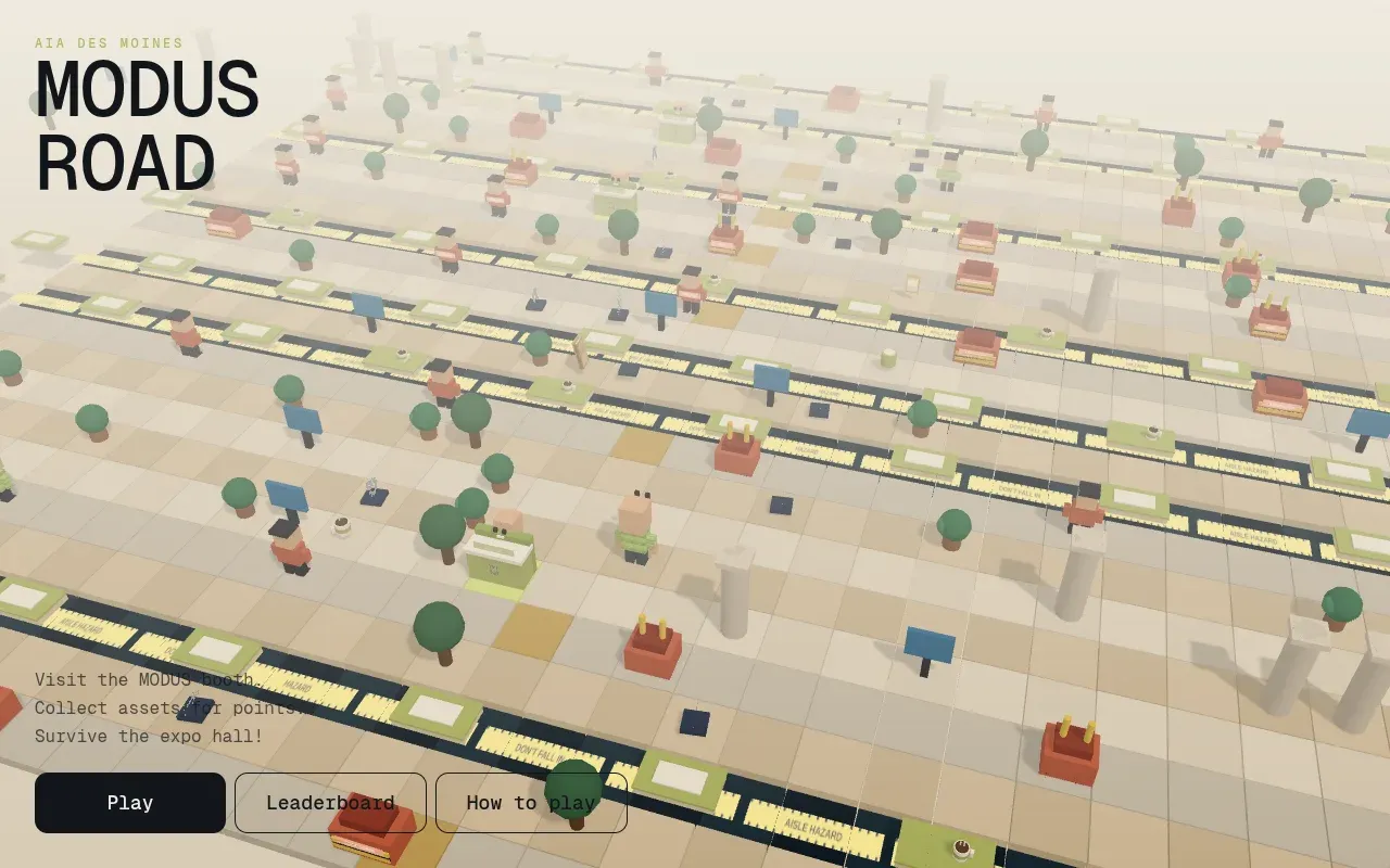 MODUS Road title screen: a 3D voxel expo hall with booths, rafts and attendees, with Play, Leaderboard and How to play buttons