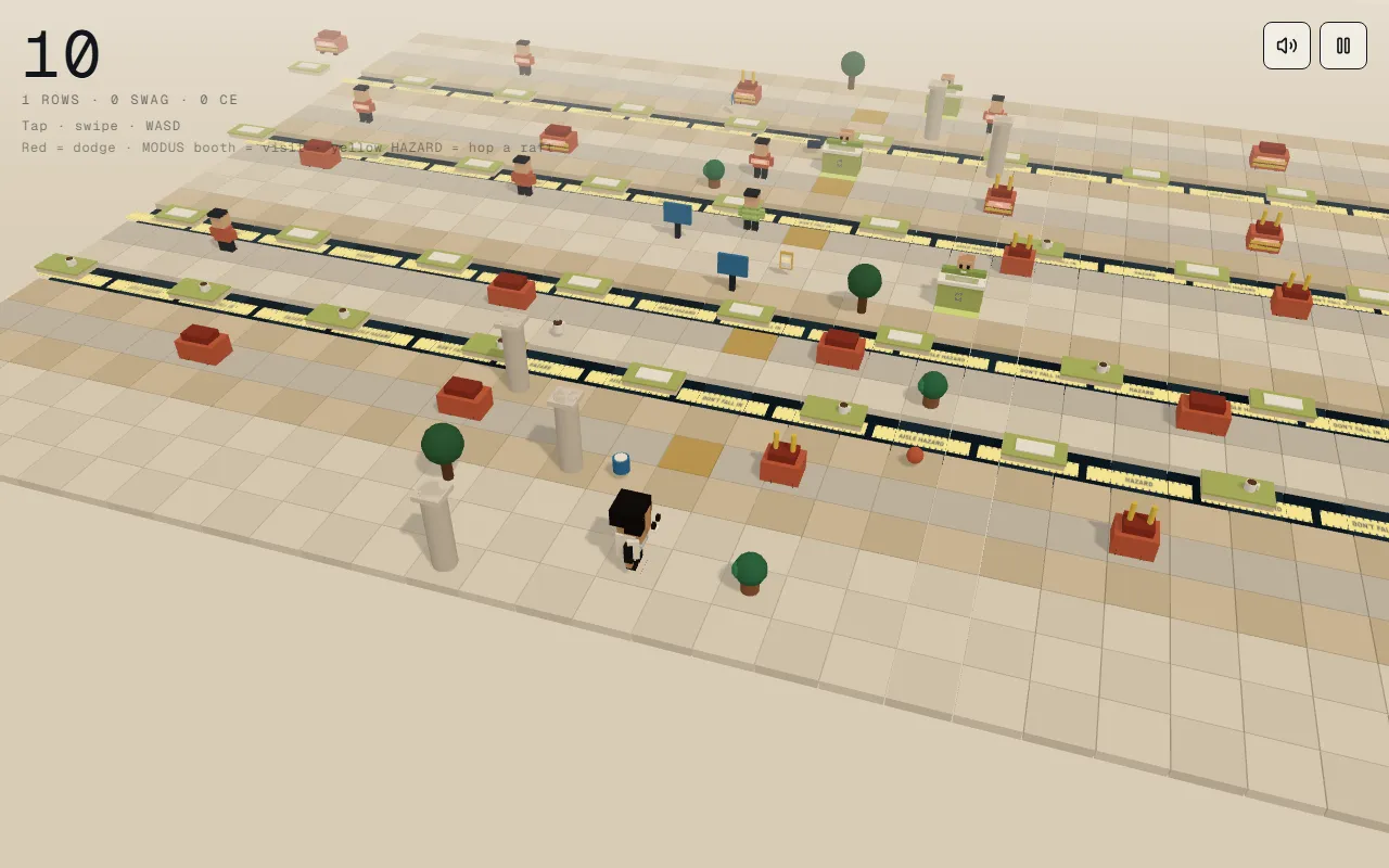 MODUS Road in-game view of the expo hall course with booths, rafts and moving obstacles