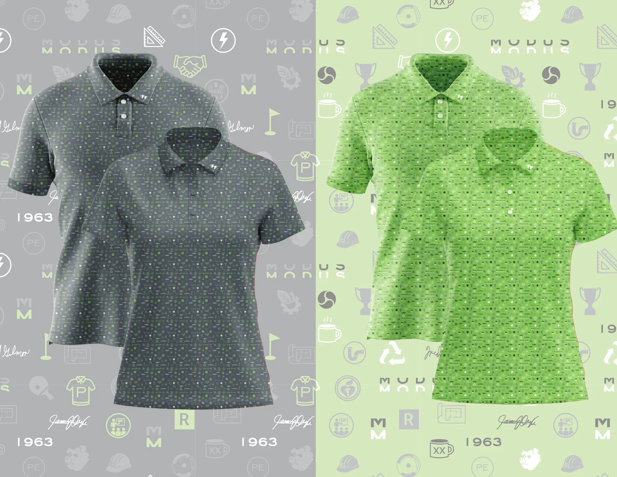 Original MODUS culture polo design presentation showing gray and lime versions of the patterned shirt