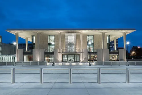 Tulsa City County Library exterior at twilight, Tulsa, Oklahoma