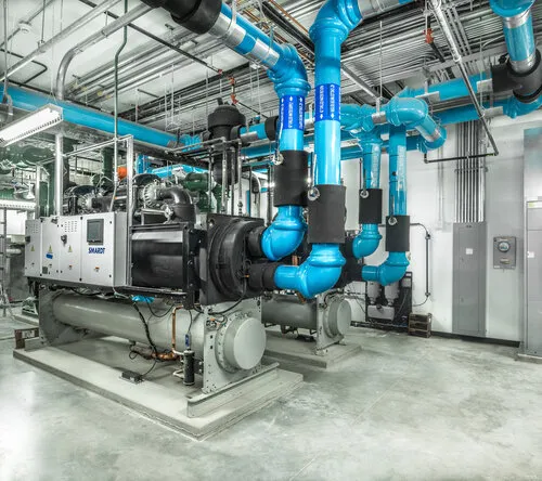 Tulsa Central Library mechanical room with blue piping