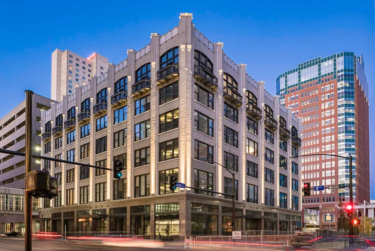 The Wilkins Building at dusk, downtown Des Moines